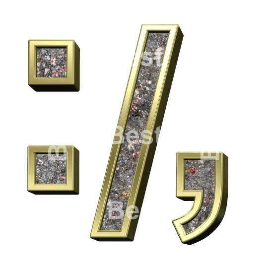 Colon, semicolon, period, comma from corroded steel with gold frame alphabet set, isolated on white.