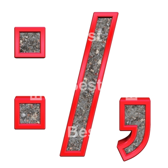 Colon, semicolon, period, comma from corroded steel with red frame alphabet set, isolated on white.