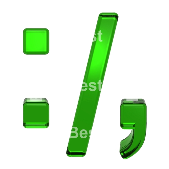 Colon, semicolon, period, comma from emerald alphabet set, isolated on white.