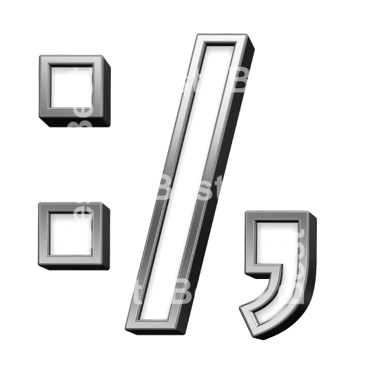 Colon, semicolon, period, comma from white with silver shiny frame alphabet set, isolated on white.
