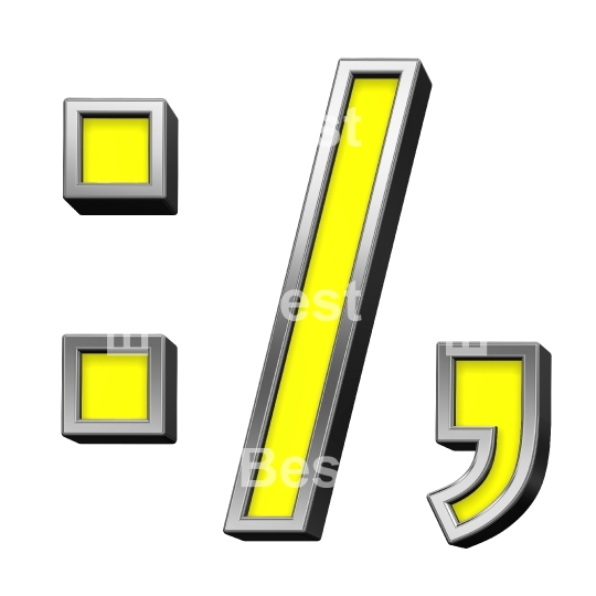 Colon, semicolon, period, comma from yellow with chrome frame alphabet set, isolated on white. 