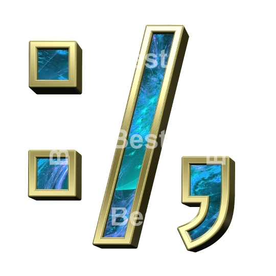 Colon, semicolon, period, comma sign from blue fractal with shiny gold frame alphabet set, isolated on white.
