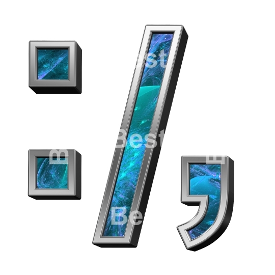 Colon, semicolon, period, comma sign from blue fractal with shiny silver frame alphabet set, isolated on white.