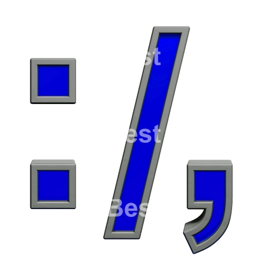 Colon, semicolon, period, comma sign from blue with gray frame alphabet set, isolated on white. 