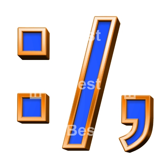 Colon, semicolon, period, comma sign from blue with orange frame alphabet set, isolated on white. 