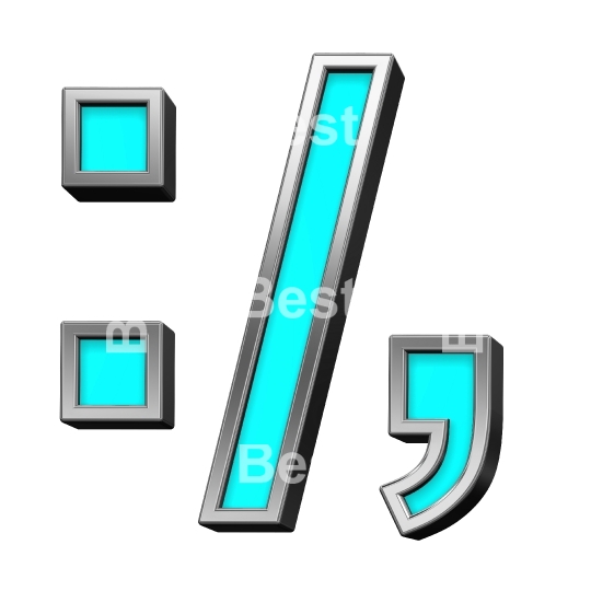 Colon, semicolon, period, comma sign from blue with silver frame alphabet set, isolated on white. 