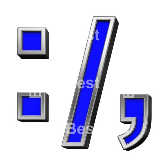 Colon, semicolon, period, comma sign from blue with silver frame alphabet set, isolated on white. 