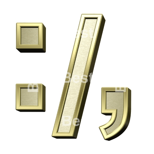 Colon, semicolon, period, comma sign from brushed gold with shiny frame alphabet set, isolated on white.