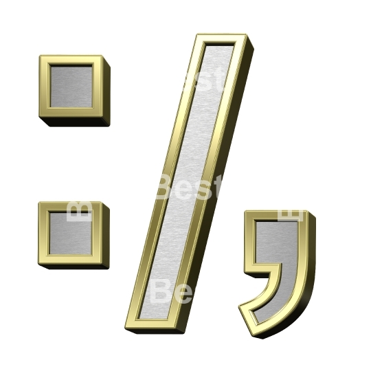 Colon, semicolon, period, comma sign from brushed silver with shiny gold frame alphabet set, isolated on white.