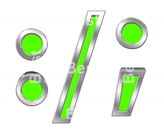 Colon, semicolon, period, comma sign from green with chrome frame alphabet set