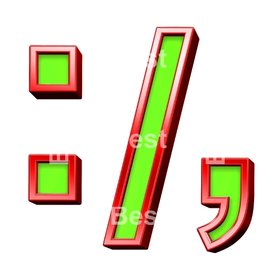 Colon, semicolon, period, comma sign from green with shiny red frame alphabet set, isolated on white. 