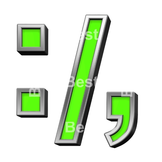 Colon, semicolon, period, comma sign from green with shiny silver frame alphabet set, isolated on white.