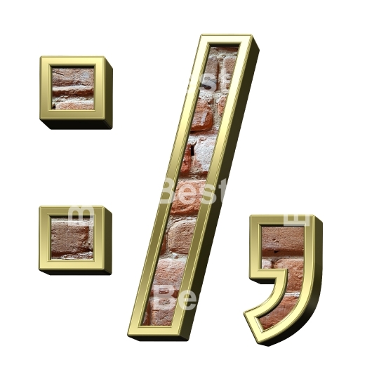 Colon, semicolon, period, comma sign from old brick with gold frame alphabet set, isolated on white.