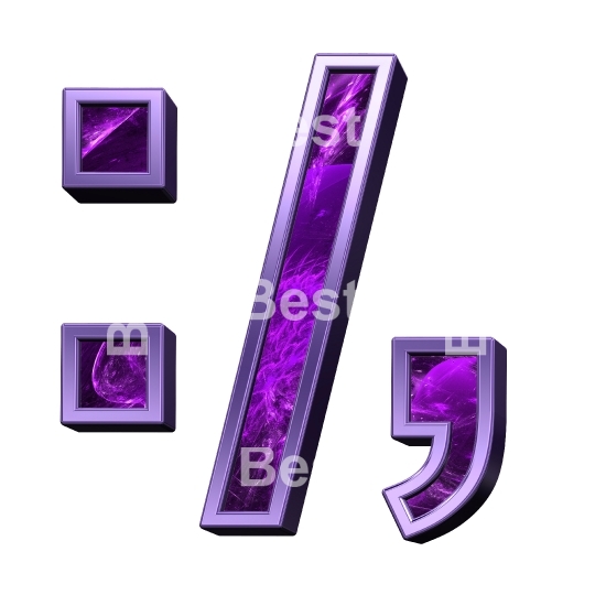 Colon, semicolon, period, comma sign from purple fractal with shiny frame alphabet set, isolated on white.