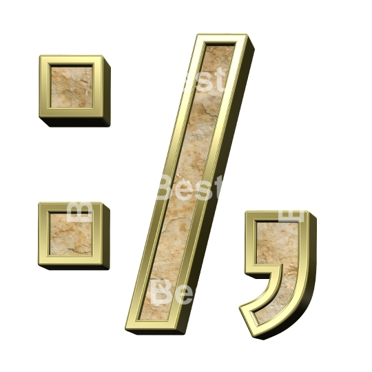 Colon, semicolon, period, comma sign from sandstone with gold frame alphabet set isolated over white.