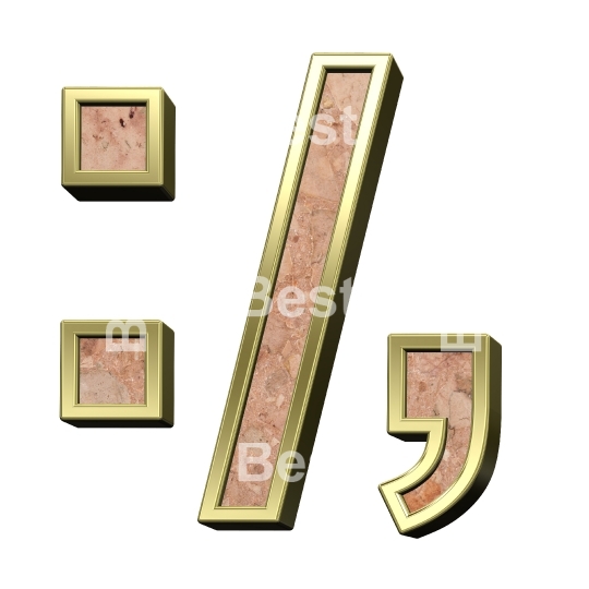 Colon, semicolon, period, comma sign from stone conglomerate with gold frame alphabet set isolated over white.