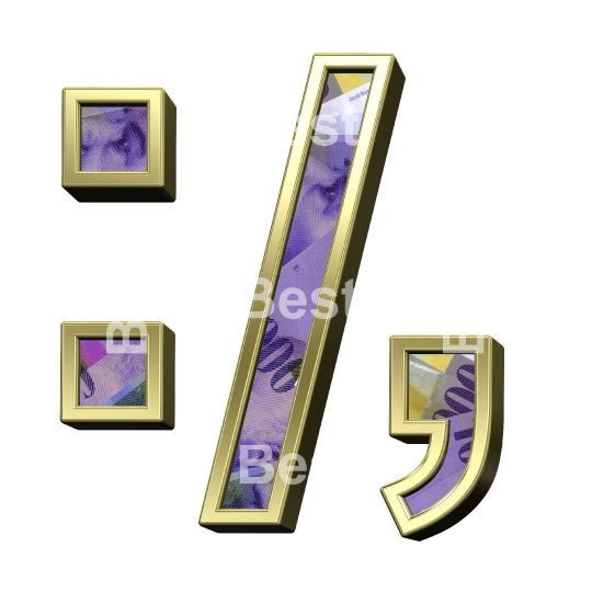 Colon, semicolon, period, comma sign from Swiss franc bill with gold frame alphabet set, isolated on white.