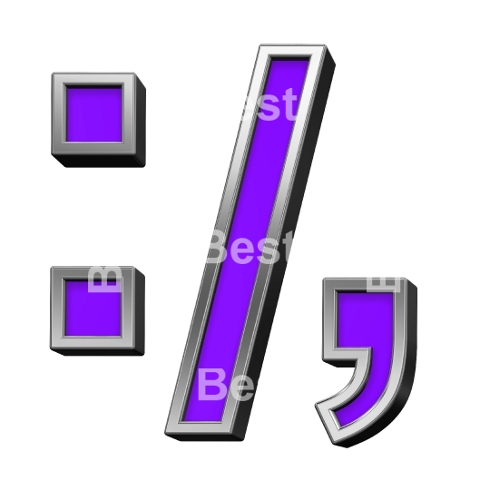 Colon, semicolon, period, comma sign from violet with shiny silver frame alphabet set, isolated on white.
