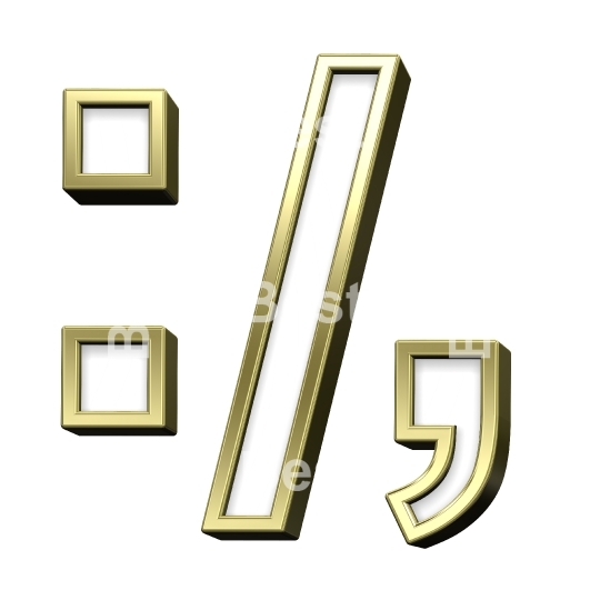 Colon, semicolon, period, comma sign from white with shiny gold frame alphabet set, isolated on white. 