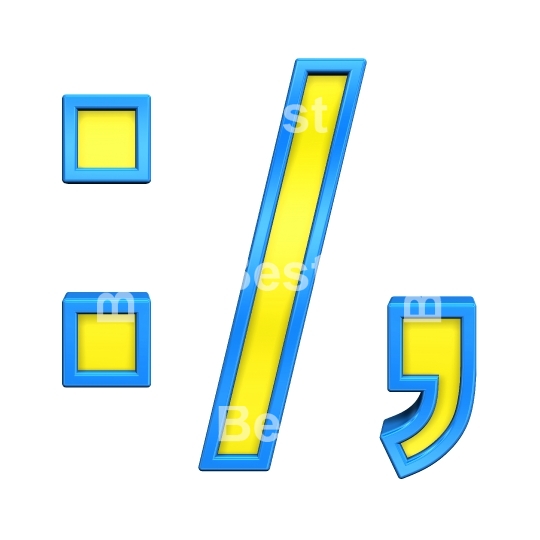 Colon, semicolon, period, comma sign from yellow glass with blue frame alphabet set, isolated on white. 