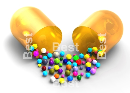 Colored balls spilling from the open medical capsule isolated on white background.