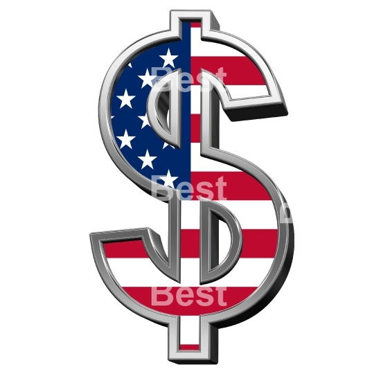 Dollar sign from american flag alphabet set isolated over white. 