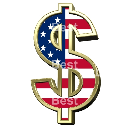 Dollar sign from american flag alphabet set isolated over white.