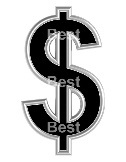 Dollar sign from black with silver shiny frame alphabet set, isolated on white