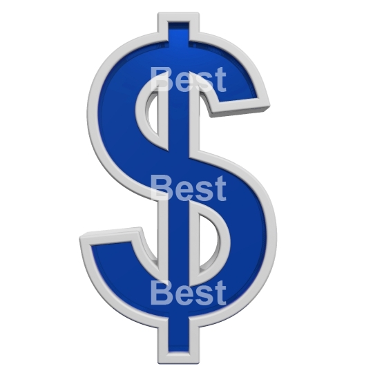 Dollar sign from blue glass with white frame alphabet set, isolated on white. 