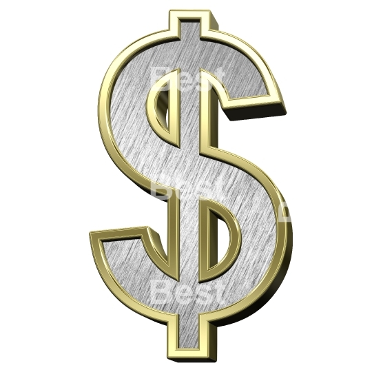 Dollar sign from brushed silver with gold frame alphabet set, isolated on white