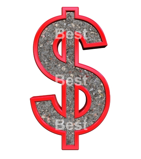 Dollar sign from corroded steel with red frame alphabet set, isolated on white.