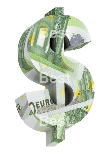 Dollar sign from euro bill alphabet set isolated over white.