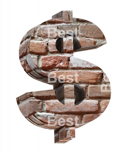 Dollar sign from old brick alphabet set isolated over white.