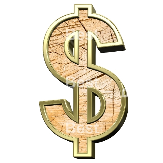 Dollar sign from pine wood with gold frame alphabet set isolated over white.