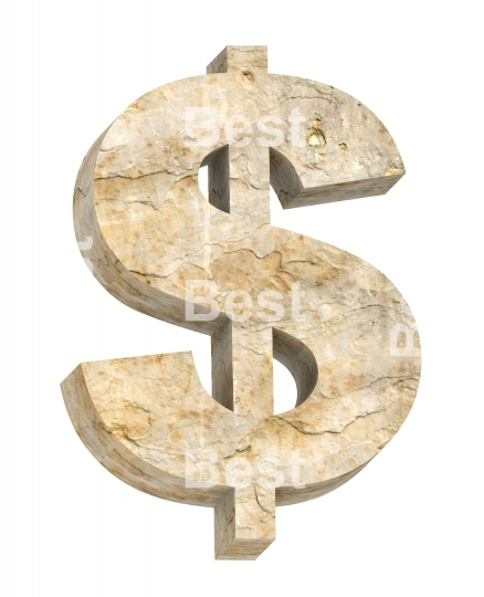 Dollar sign from sandstone alphabet set isolated over white.