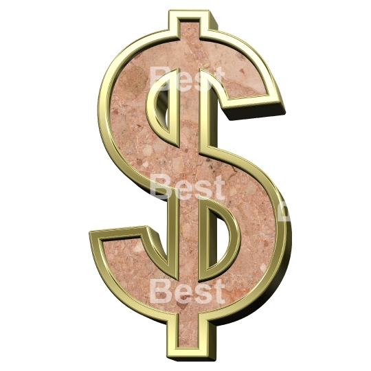 Dollar sign from stone conglomerate with gold frame alphabet set isolated over white.