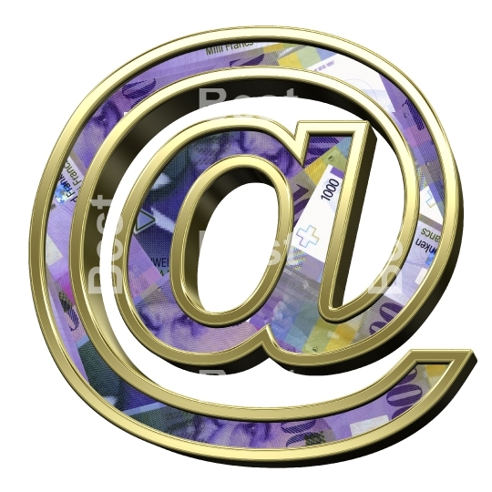 E-mail sign from Swiss franc bill with gold frame alphabet set, isolated on white.