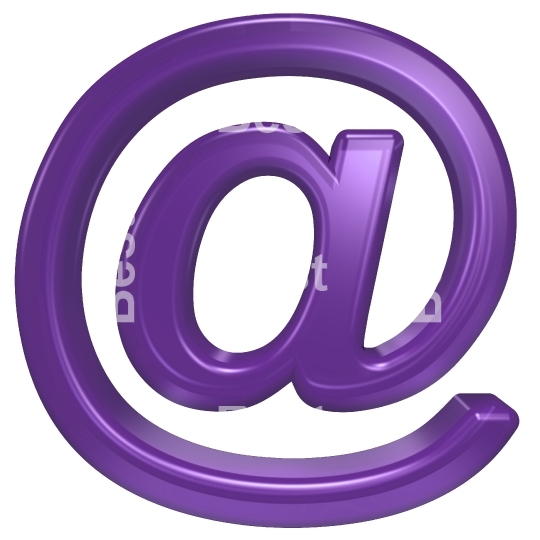 E-mail sign from violet glass alphabet set, isolated on white.