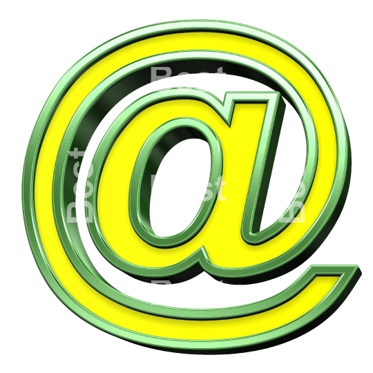 E-mail sign from yellow with shiny green frame alphabet set, isolated on white. 