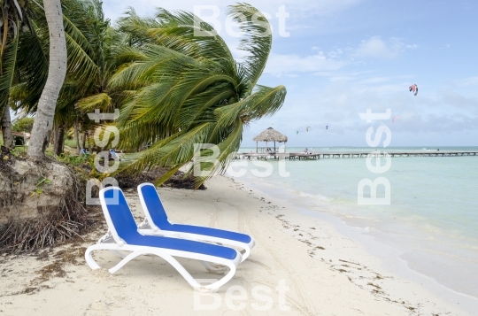 Empty beach chairs waiting for tourists in Cayo Guillermo