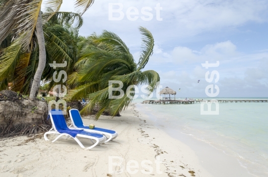 Empty beach chairs waiting for tourists in Cayo Guillermo