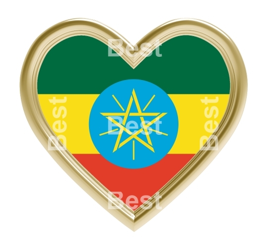 Ethiopia flag in gold heart isolated on white background.