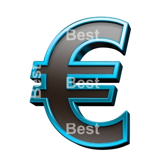 Euro sign from black glass with blue frame alphabet set, isolated on white.