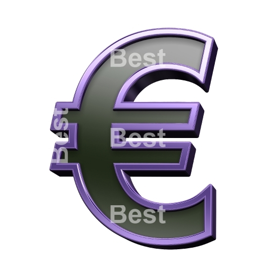 Euro sign from black glass with purple frame alphabet set, isolated on white.