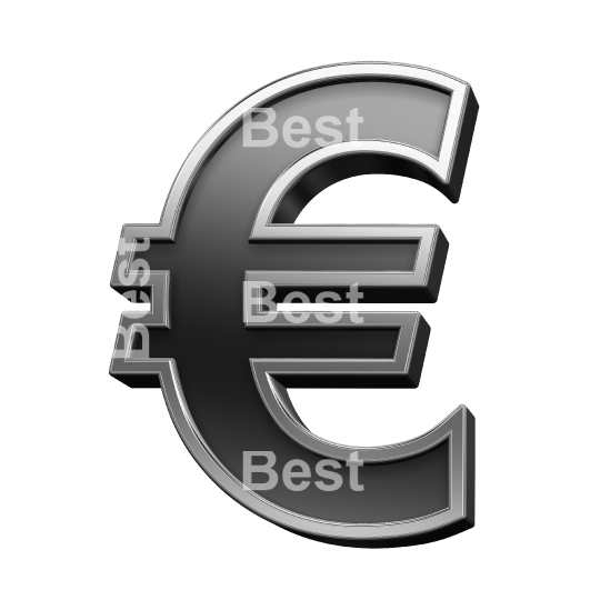 Euro sign from black with silver frame alphabet set, isolated on white. 