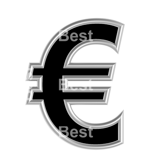 Euro sign from black with silver shiny frame alphabet set, isolated on white