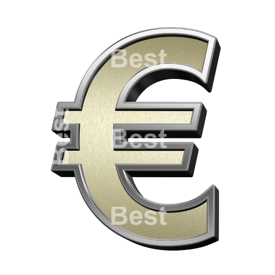 Euro sign from brushed gold with shiny silver frame alphabet set, isolated on white.