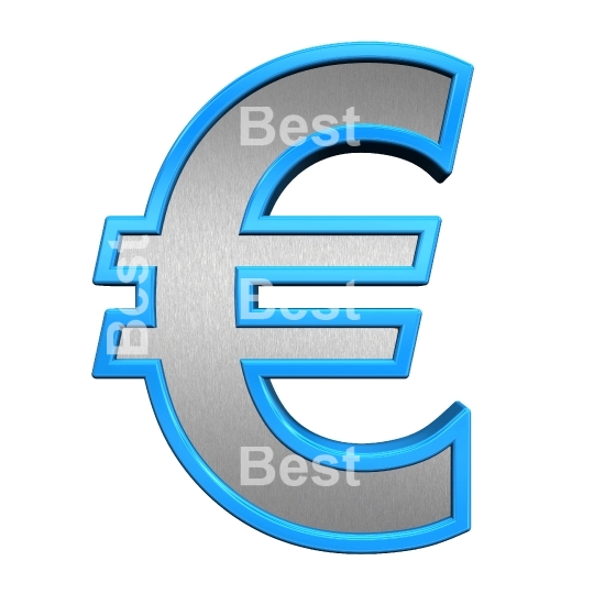 Euro sign from brushed silver with blue frame alphabet set, isolated on white. 