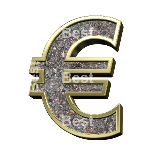 Euro sign from corroded steel with gold frame alphabet set, isolated on white.