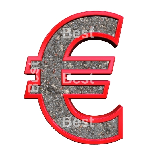 Euro sign from corroded steel with red frame alphabet set, isolated on white.